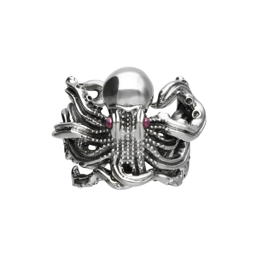 Anillo diseño de Pulpo plata .925 con ojos Rubí