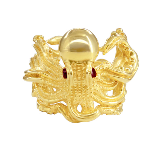 Anillo diseño de pulpo baño de oro con piedra natural