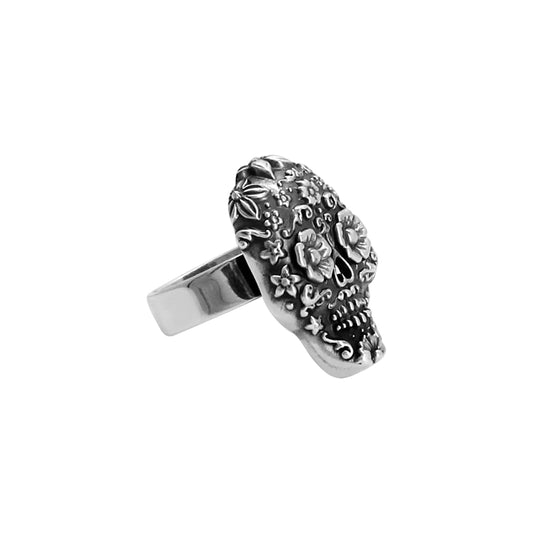 Anillo catrina con flores con terminado vintage en plata de ley