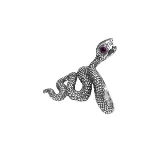 Anillo diseño de serpiente en plata con terminado vintage con ojos Rubí