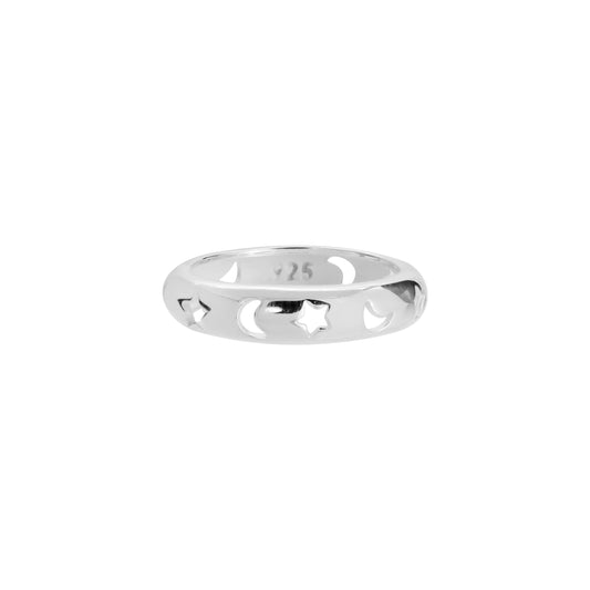 Anillo estrellas y lunas en plata