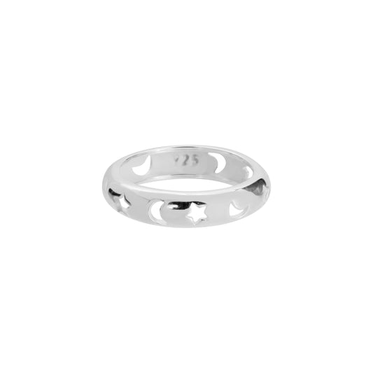 Anillo estrellas y lunas en plata