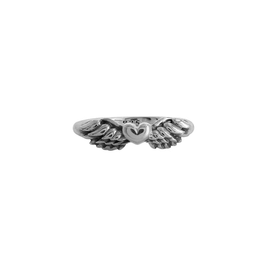 Anillo alas con corazón con terminado vintage en plata de ley