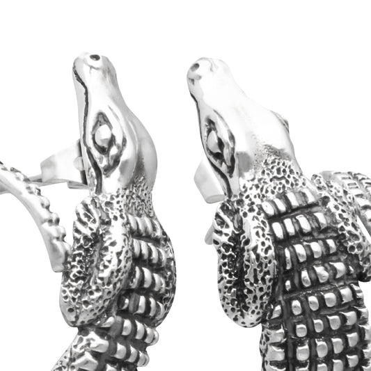 Aretes diseño de cocodrilo con terminado vintage en plata de ley