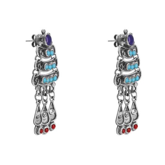Aretes tres niveles en plata de ley con piedras Amatista, Turquesa y Coral