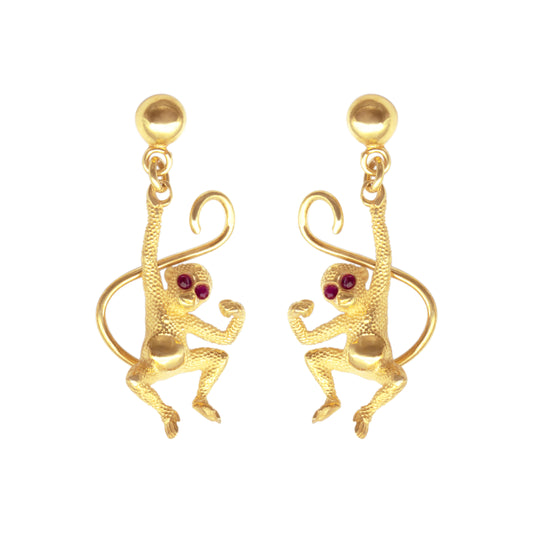 Aretes diseño de Chango con baño de oro y ojos de piedra natural