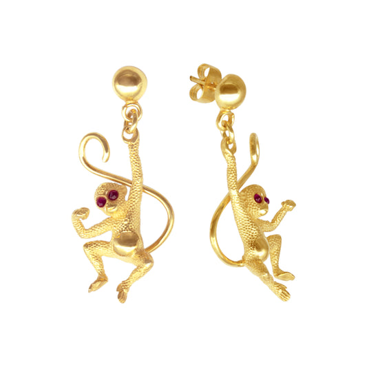 Aretes diseño de Chango con baño de oro y ojos de piedra natural