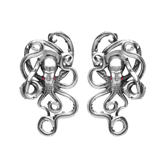 Aretes diseño de pulpo plata de ley con ojos Rubí