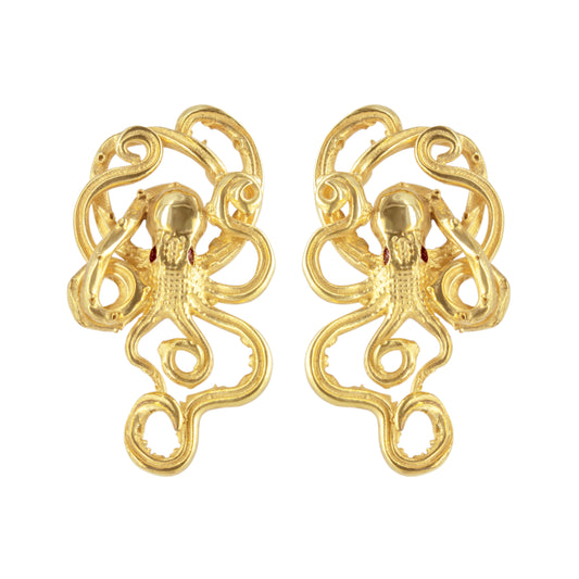 Aretes diseño de Pulpo baño de oro con piedra natural