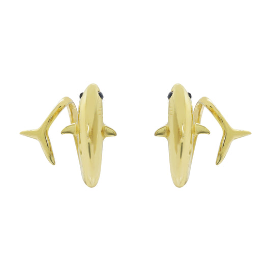 Aretes tiburón en plata con baño de oro 14k