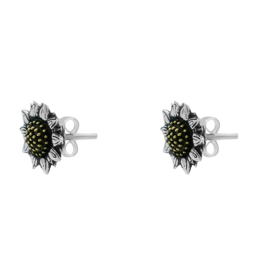 Aretes girasol con terminado vintage en plata de ley