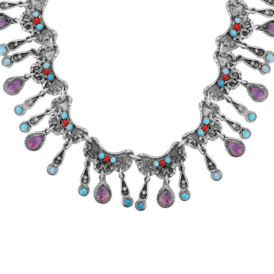 Collar gotas en plata de ley con piedras Amatista, Turquesa y Coral