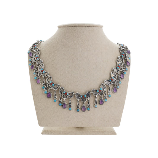 Collar gotas en plata de ley con piedras Amatista, Turquesa y Coral