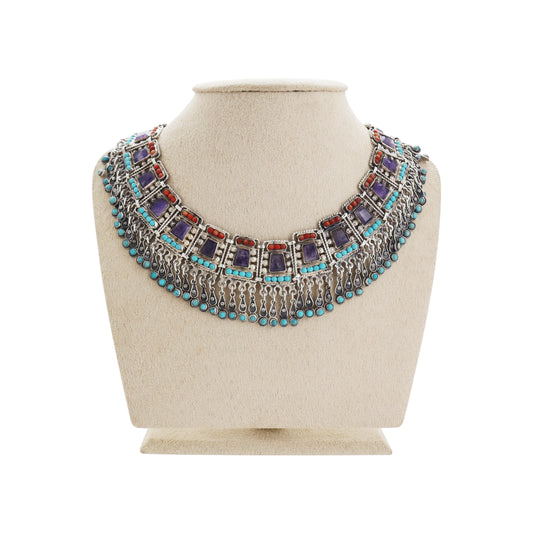 Collar en plata de ley con piedras Amatista, Turquesa y Coral