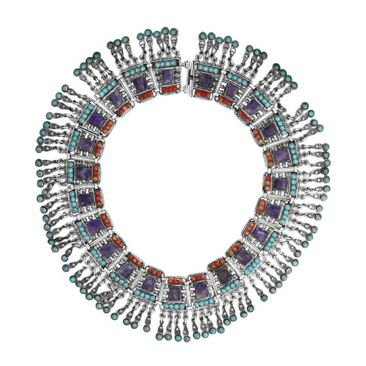 Collar en plata de ley con piedras Amatista, Turquesa y Coral