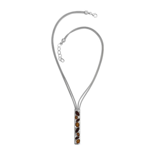 Collar doble hilo en plata de ley con dije rectángular en piedra ámbar