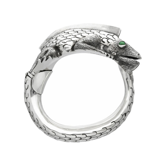 Brazalete diseño iguana plata de ley con ojos Malaquita