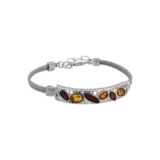 Pulsera doble hilo en plata de ley con dije rectángular en piedra ámbar
