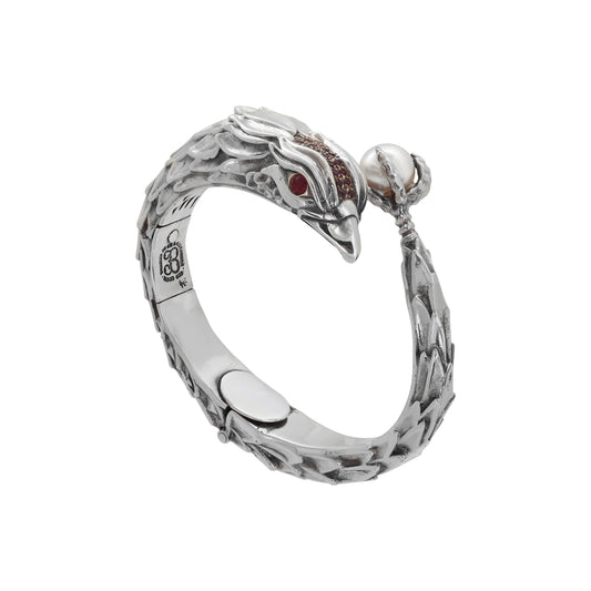 Brazalete diseño de águila en plata de ley con perla y piedra de rubí