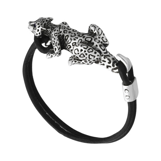 Pulsera de piel diseño Jaguar en plata de ley y piedra natural