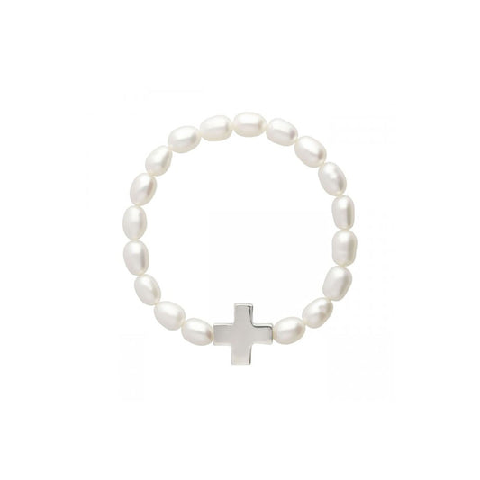 Pulsera elástica con perlas y dije de cruz