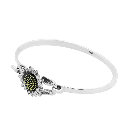 Brazalete girasol con terminado vintage en plata de ley