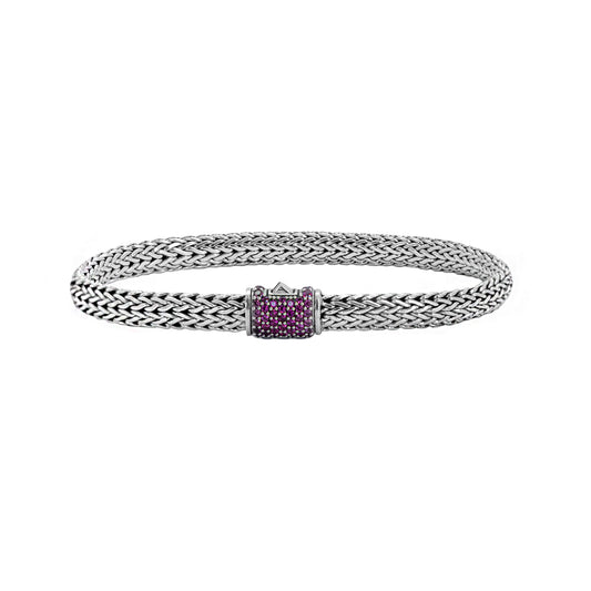 Pulsera espiga con terminado vintage en plata de ley y zirconia rosa