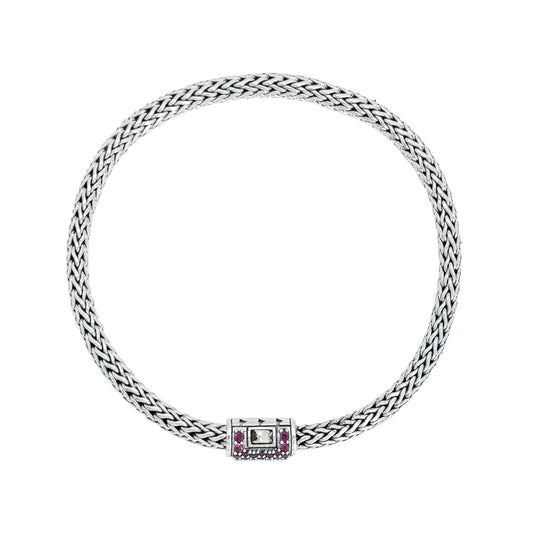 Pulsera espiga con terminado vintage en plata de ley y zirconia rosa