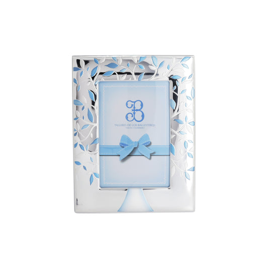 Marco diseño árbol hojas azul en baño de plata