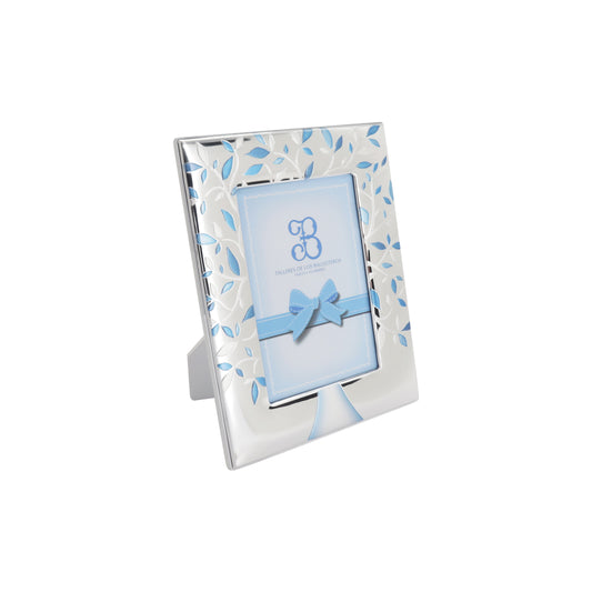 Marco diseño árbol hojas azul en baño de plata