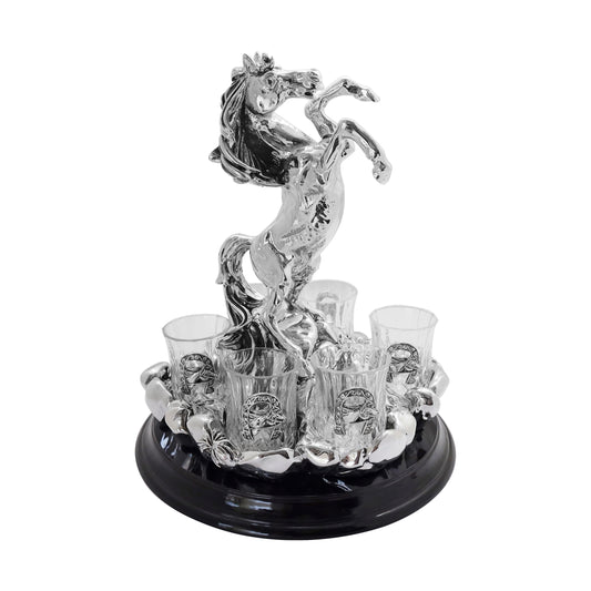Juego tequilero de caballo en baño de plata