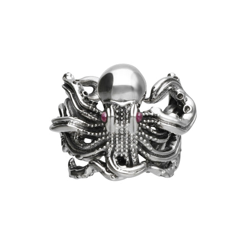 Anillo diseño de Pulpo plata .925 con ojos Rubí