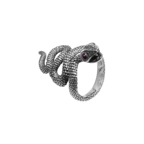 Anillo diseño de serpiente en plata con terminado vintage con ojos Rubí