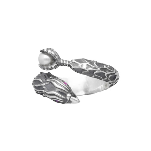 Anillo diseño de Águila plata .925 con perla y ojos de Rubí