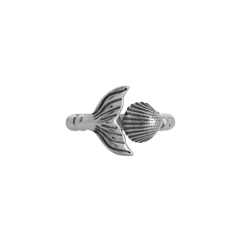 Anillo cola de sirena con concha acabado oxidado en plata