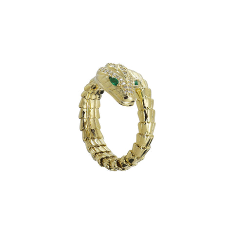 Anillo serpiente en plata con baño de oro amarillo 14K con zirconia