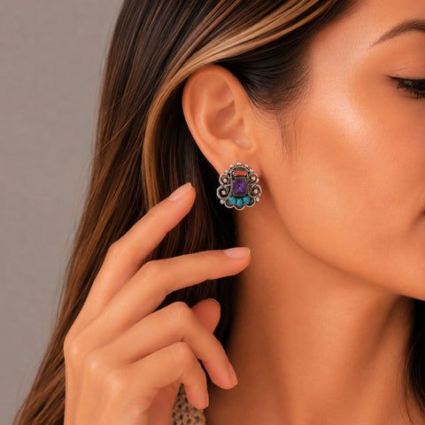 Aretes con piedra amatista y turquesa en plata .925