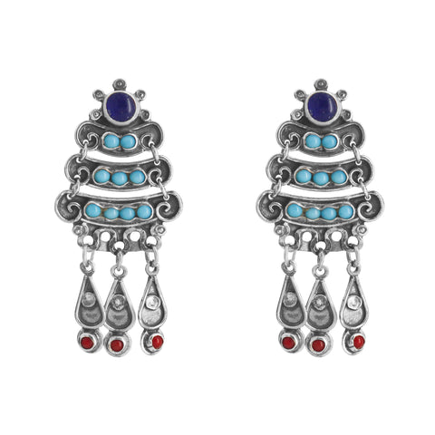Aretes tres niveles en plata de ley con piedras Amatista, Turquesa y Coral