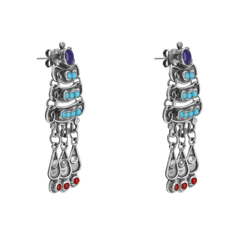 Aretes tres niveles en plata de ley con piedras Amatista, Turquesa y Coral