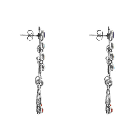 Aretes tres niveles en plata de ley con piedras Amatista, Turquesa y Coral