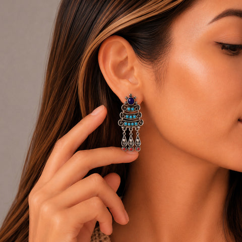 Aretes tres niveles en plata de ley con piedras Amatista, Turquesa y Coral