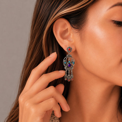 Aretes circulo en plata de ley con piedras naturales