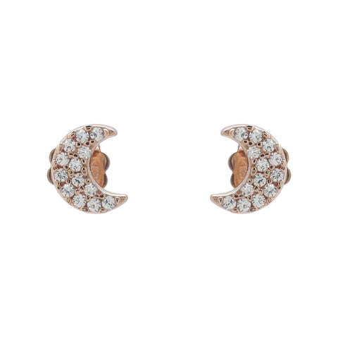 Aretes media luna en plata con baño de oro rosa 18K con zirconia