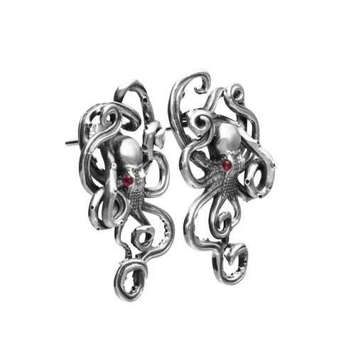 Aretes diseño de pulpo plata de ley con ojos Rubí