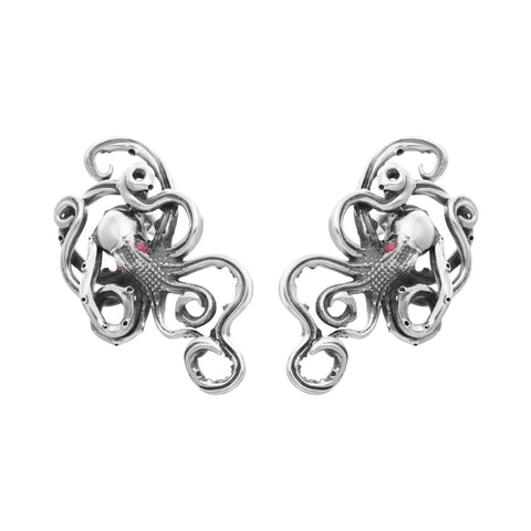 Aretes diseño de pulpo plata de ley con ojos Rubí