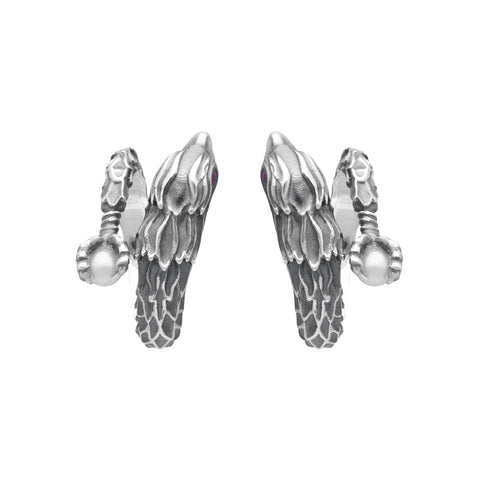 Aretes diseño de Águila plata .925 con perla y ojos de Rubí