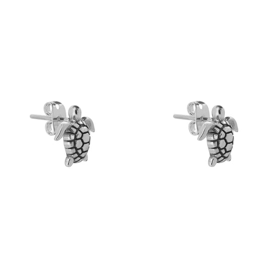 Aretes tortuga de mar mini en plata de ley acabado oxidado