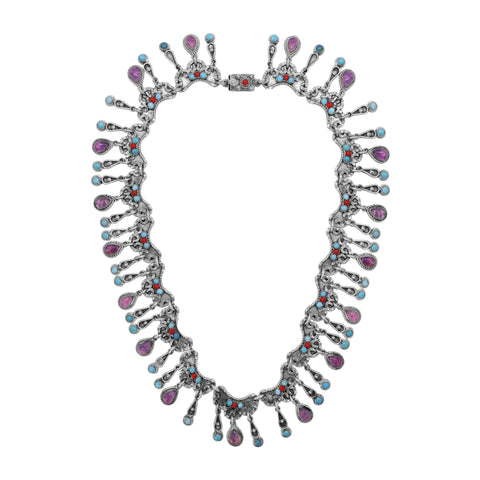 Collar gotas en plata de ley con piedras Amatista, Turquesa y Coral