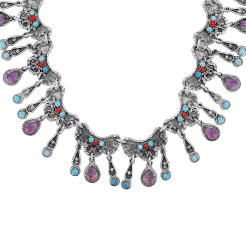 Collar gotas en plata de ley con piedras Amatista, Turquesa y Coral