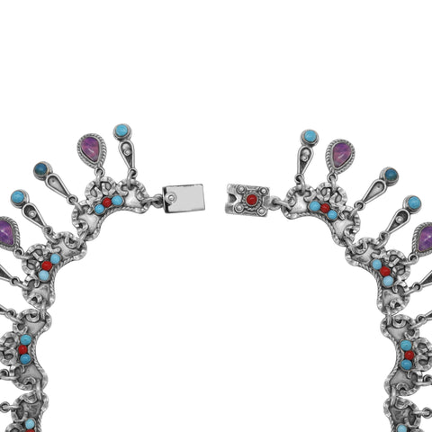 Collar gotas en plata de ley con piedras Amatista, Turquesa y Coral